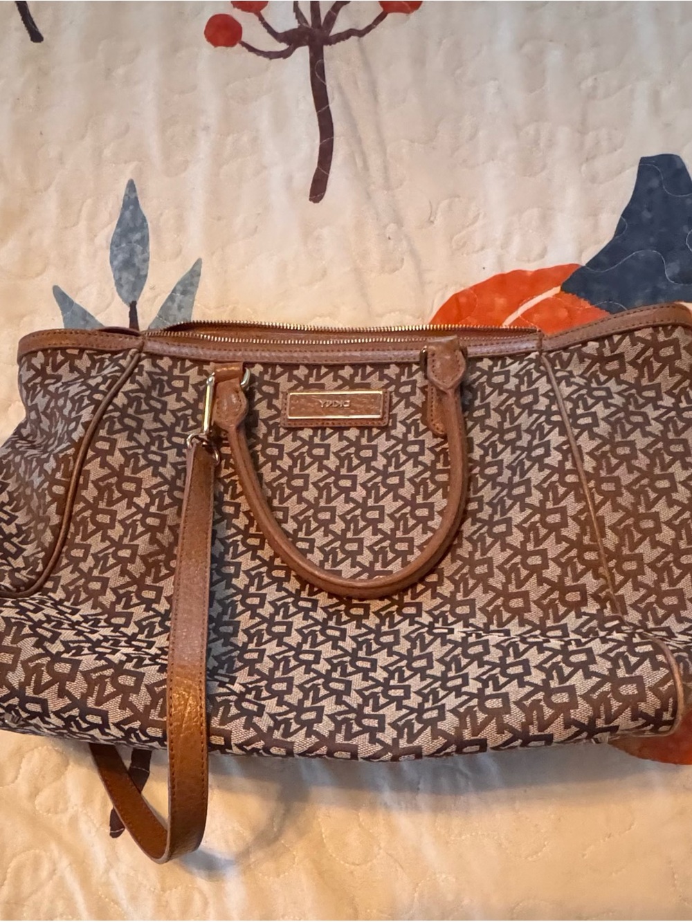 DKNY Brown Monogram Canvas Tote with Leather Trim